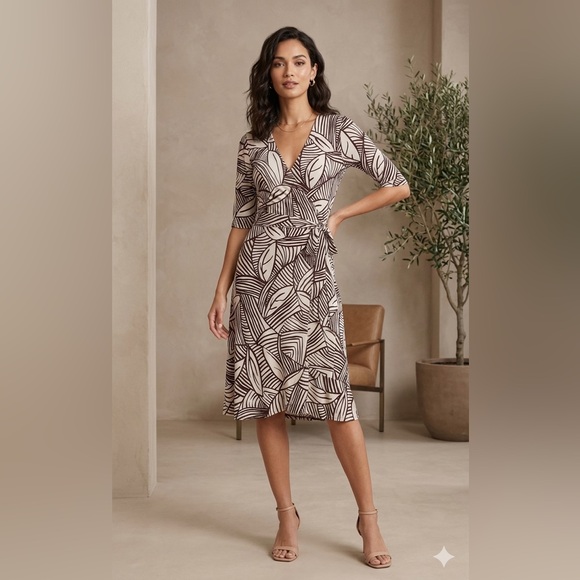 B. Smart Dresses & Skirts - B. Smart Abstract Leaf Print Midi Wrap Dress